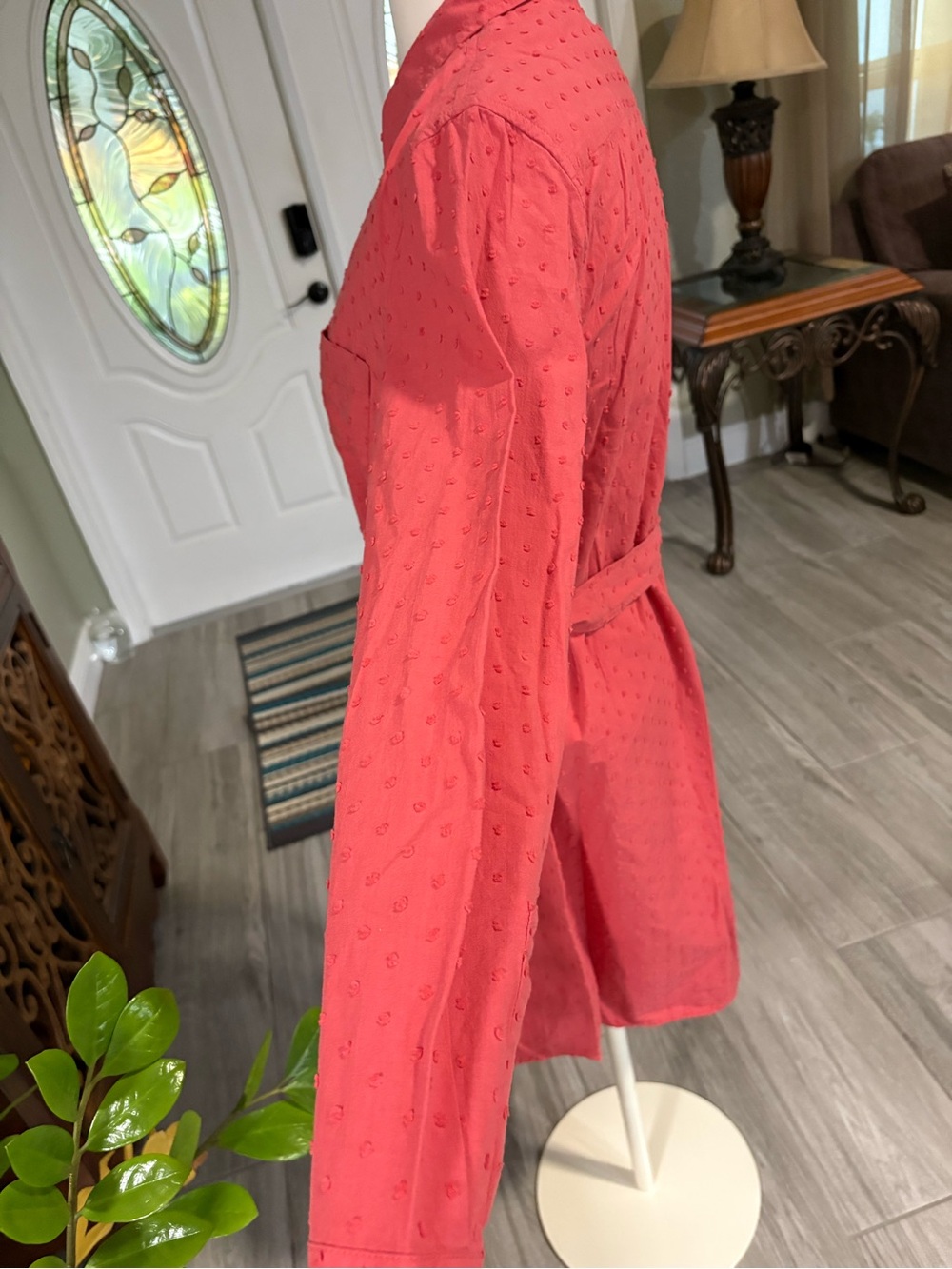 Southern Tide Coral Rust Dot-Texture Shirt Dress with Tie Waist - Picture 5 of 11